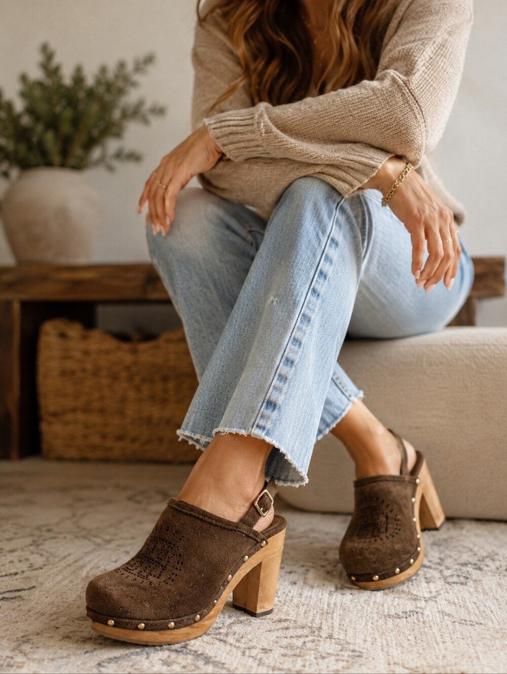 Tory Burch Brayden Brown Suede Wood Platform Slingback Clogs Heels 8.5M
